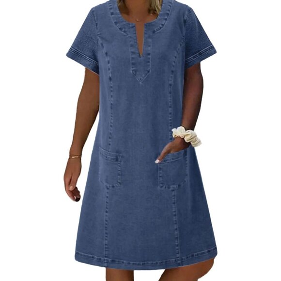 Women Denim Dress Short Sleeve Midi A-line Casual Summer Shift - Picture 1 of 5
